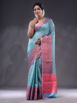 CHARUKRITI - Sky Blue Handwoven Banarasi Silk Saree With Unstitched Blouse